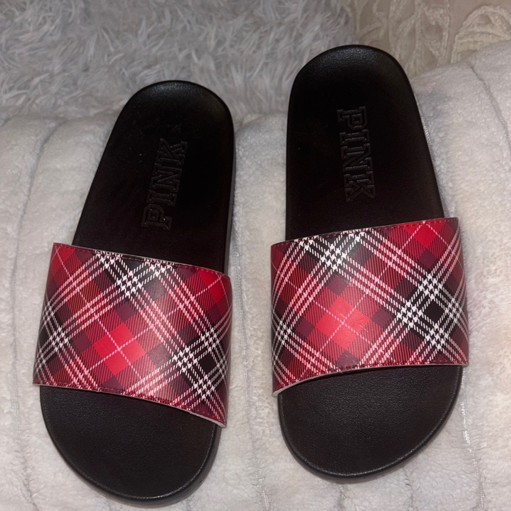 Pink Plaid Slide Sandals
